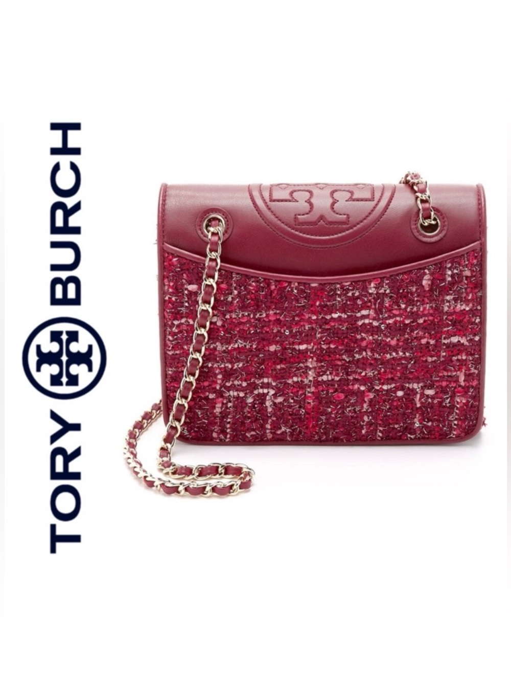 NWT TORY BURCH Fleming tweed convertible shoulder bag with gold chain